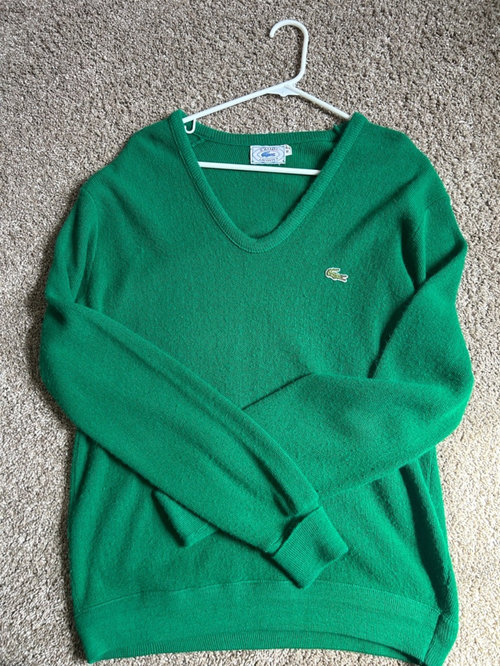 Vintage Lacoste Men’s V-Neck Sweater in Kelly Green, Size Medium